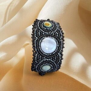 Fairycore Black Beaded Leather Cuff Bracelet • Boho Artisan  Handmade-style bead